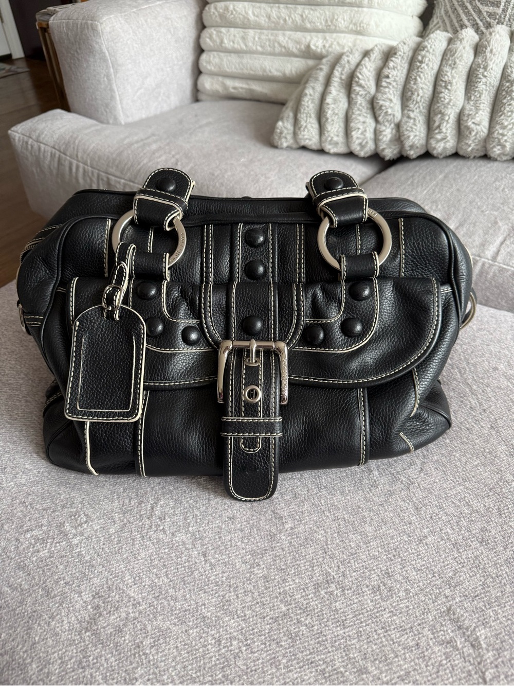Isabella Fiore Black Pebbled Leather Studded Satchel Y2K Moto Shoulder Bag Rare